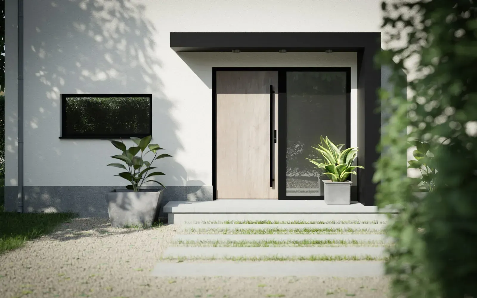 Usa hibrid de exterior - structura de lemn si aluminiu cu geam lateral, design modern